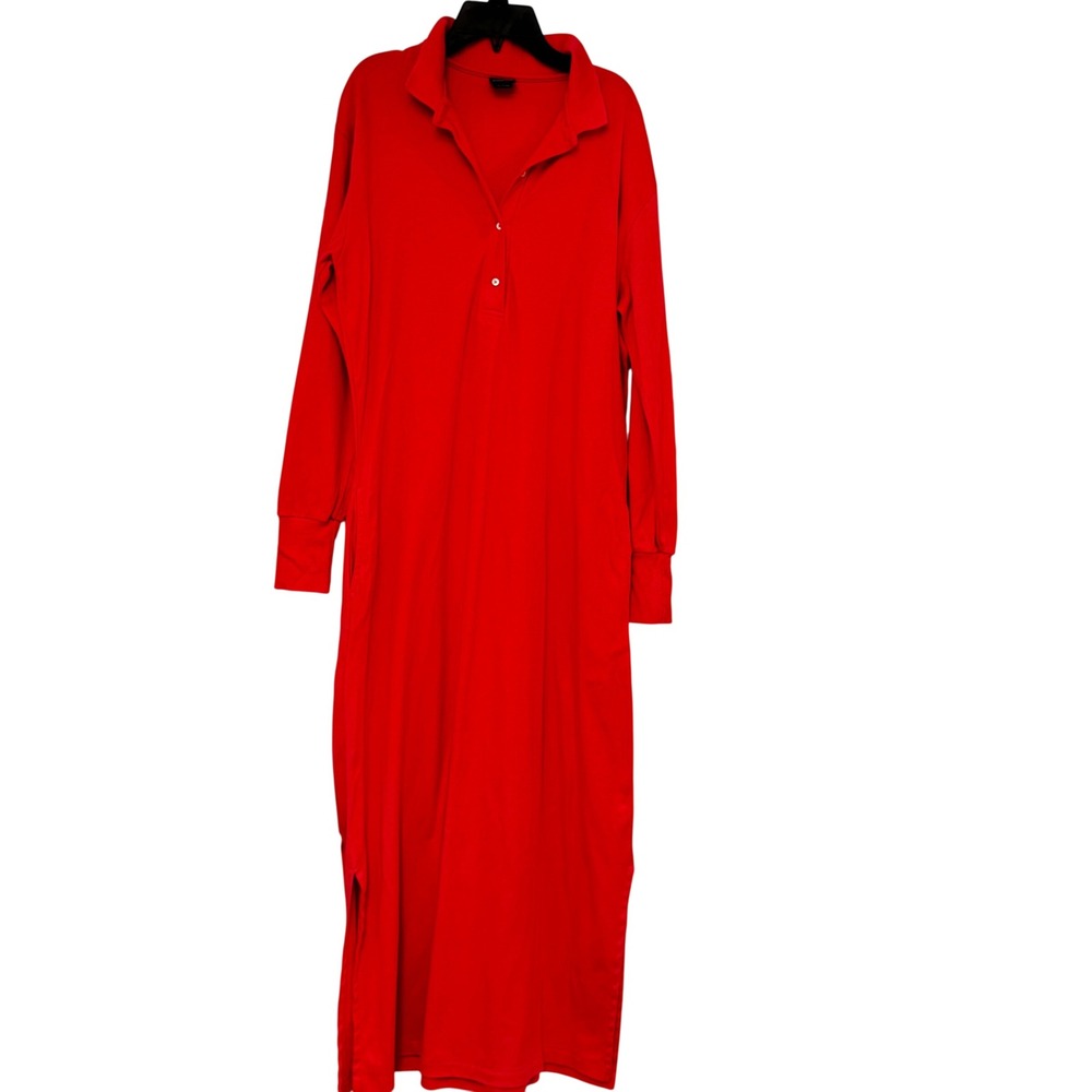 Lands End Red Cotton Long Sleeve Polo Maxi Dress Womens Large Made in USA